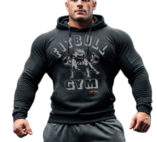 male bodybuilder with a sports hoodie for fitness and bodybuilding of the brand Fitbull branded with a motivating motif front view
