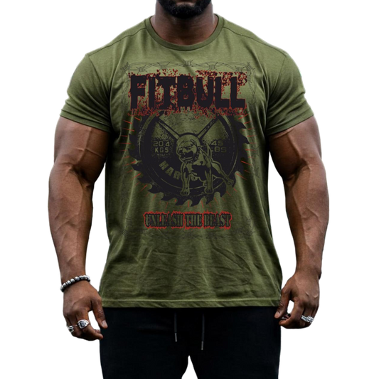 A male bodybuilder wears a military green Fitbull Fit Wear T-shirt with a motivational Unleash The Beast print