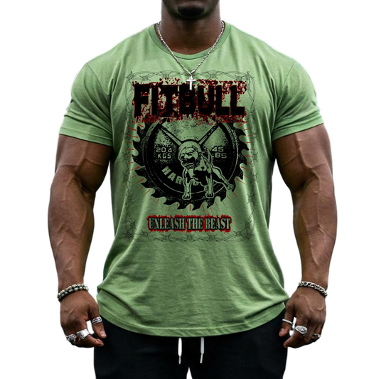 A male bodybuilder wears a kiwi green Fitbull Fit Wear T-shirt with a motivational Unleash The Beast print