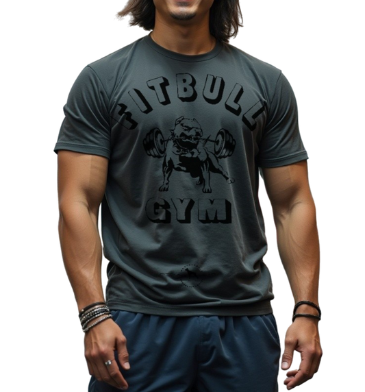 A man with a fitness body is wearing sporty joggers and a sporty dark grey Fitbull T-shirt with a motivating Fitbull Gym print.