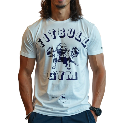 A man with a fitness body is wearing sporty joggers and a sporty white blue Fitbull T-shirt with a motivating Fitbull Gym print.