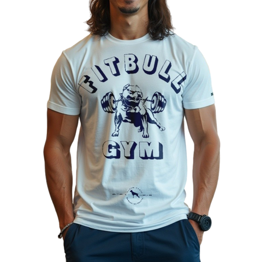A man with a fitness body is wearing sporty joggers and a sporty sky blue Fitbull T-shirt with a motivating Fitbull Gym print.