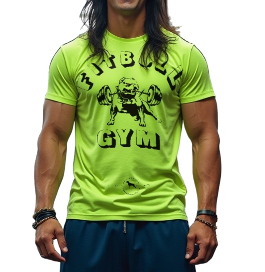 A man with a fitness body is wearing sporty joggers and a sporty kiwi color Fitbull T-shirt with a motivating Fitbull Gym print.