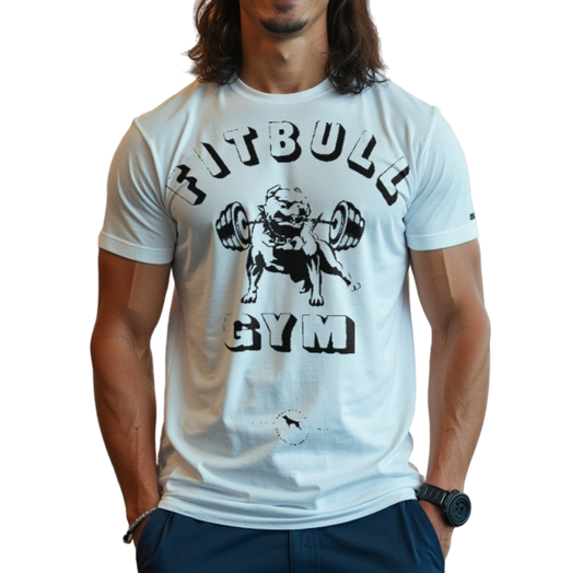 A man with a fitness body is wearing sporty joggers and a sporty white Fitbull T-shirt with a motivating Fitbull Gym print.