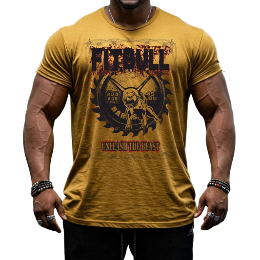 A male bodybuilder wears a yelow Fitbull Fit Wear T-shirt with a motivational Unleash The Beast print
