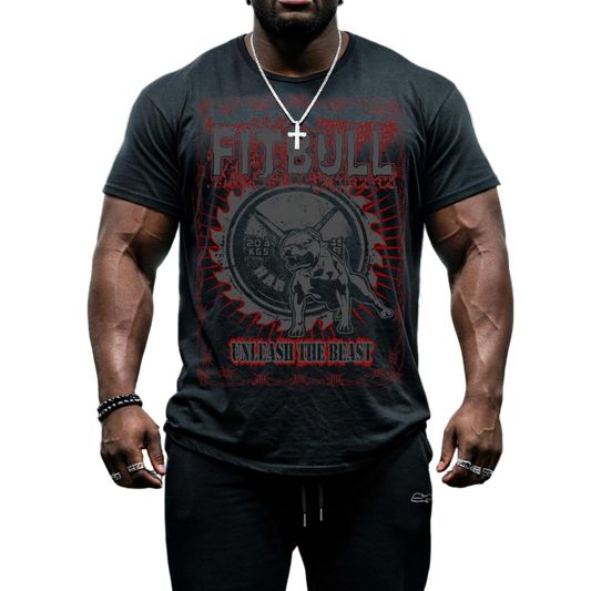 A male bodybuilder wears a black Fitbull Fit Wear T-shirt with a motivational Unleash The Beast print