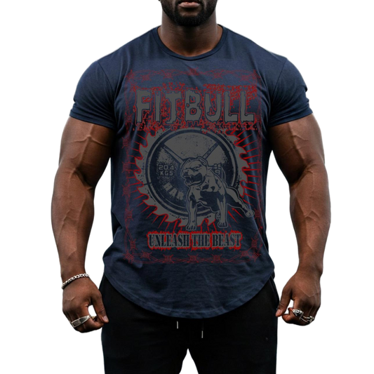 A male bodybuilder wears a dark navy blue Fitbull Fit Wear T-shirt with a motivational Unleash The Beast print