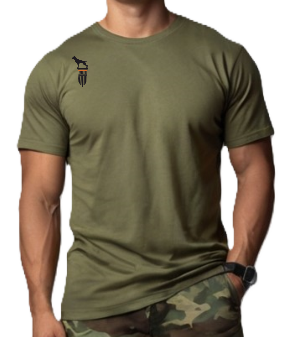 a man wear a military green Fitbull T-shirt with a logo