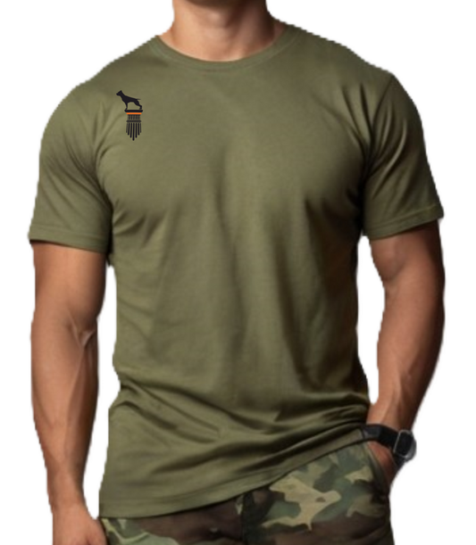 a man wear a military green Fitbull T-shirt with a logo