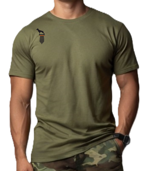 a man wear a military green Fitbull T-shirt with a logo