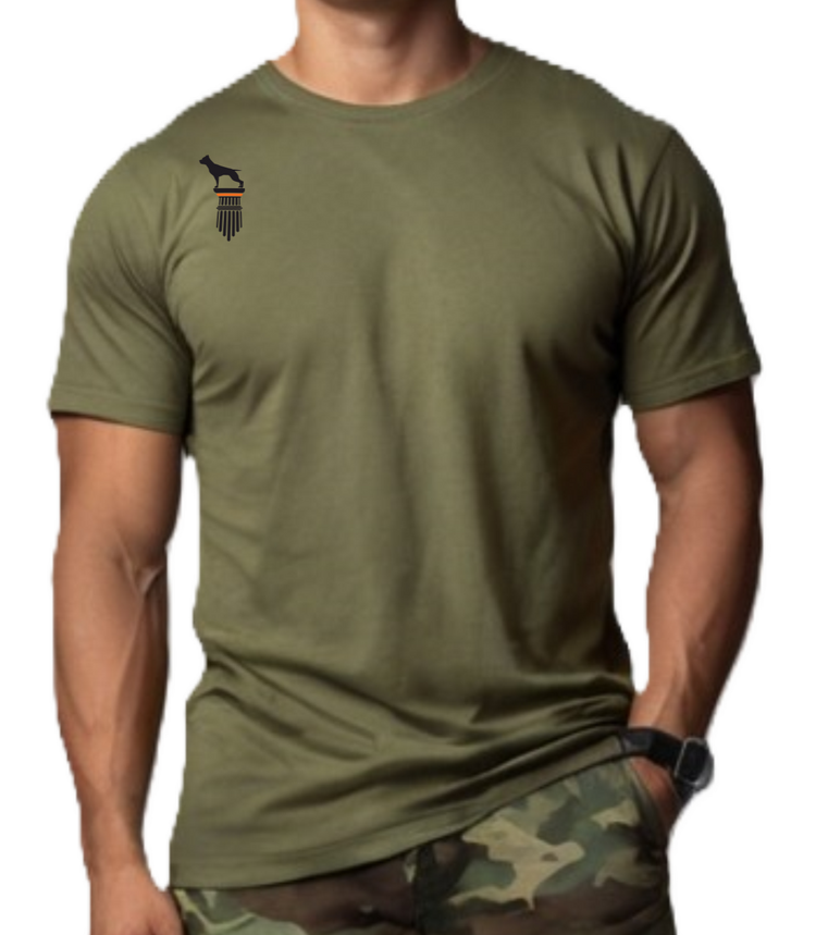a man wear a military green Fitbull T-shirt with a logo