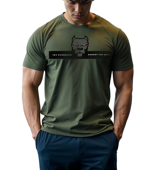 A man with a fitness body is wearing a Fitbull branded sports T-shirt with the Fitbull Fit Wear logo and a motivating print.