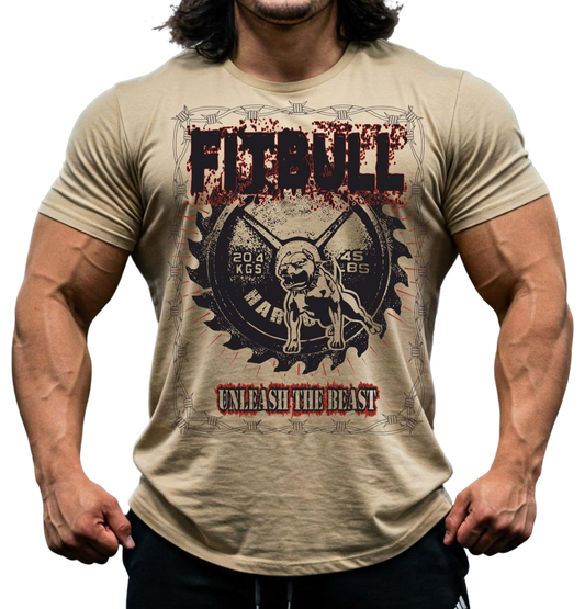 a man wearing fitbull t-shirt with motivation print unleash the beast