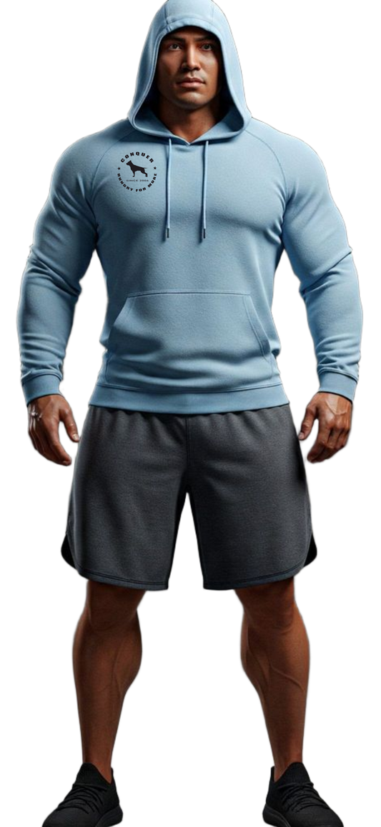 male bodybuilder with a sporty, light blue fitness and bodybuilding hoodie of the Fitbull brand branded with a motivating motif, front view