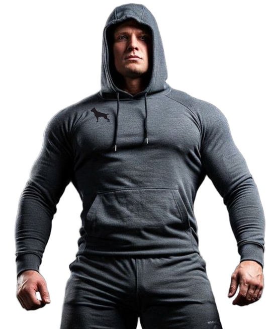 male bodybuilder with a sporty, dark gray hoodie for fitness and bodybuilding of the brand Fitbull branded with a logo