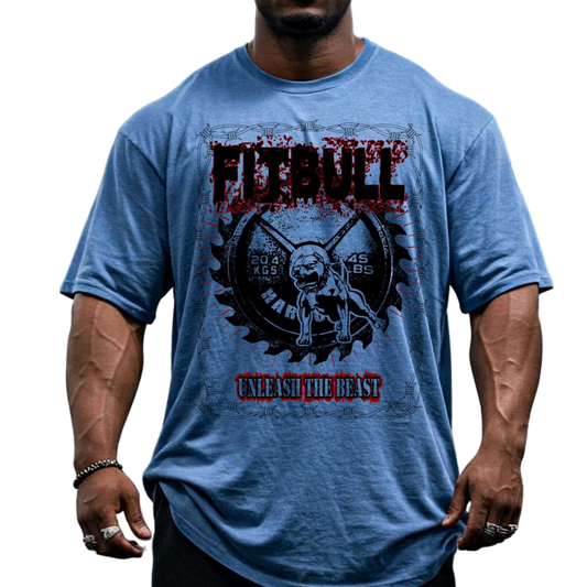 A man wears a blue Fitbull t-shirt with a logo and a motivational print Unleash The Beast