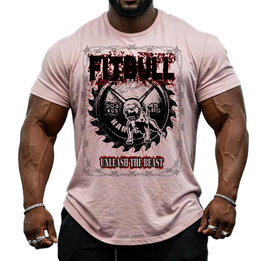 A man is wearing a Fitbull T-shirt with a logo and a motivational print Unleash the Beast