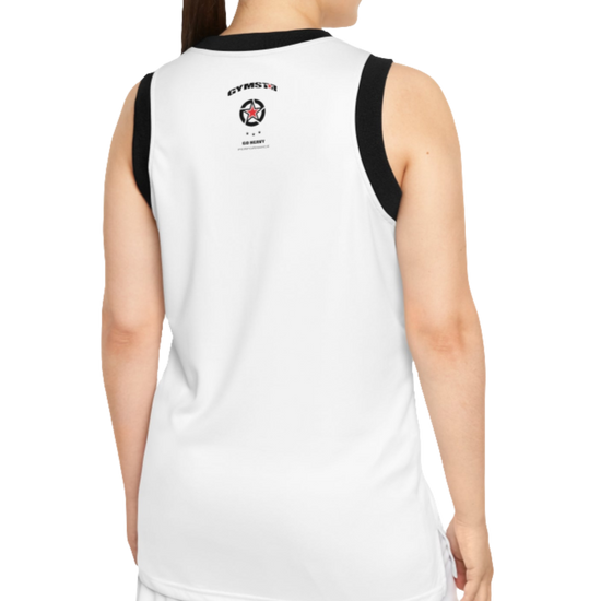 A woman with a fitness body is wearing a Gymstar white sports tank top branded with the Gymstar Fit logo and a motivating print, back view