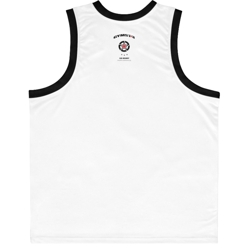 a Gymstar white sports tank top branded with the Gymstar Fit logo and a motivating print, back view