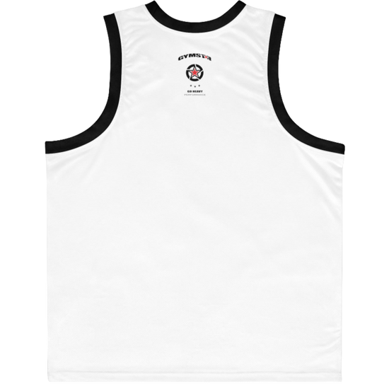 a Gymstar white sports tank top branded with the Gymstar Fit logo and a motivating print, back view