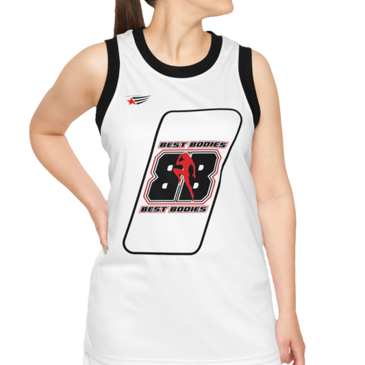 A woman with a fitness body is wearing a Gymstar white sports tank top branded with the Gymstar Fit logo and a motivating print.