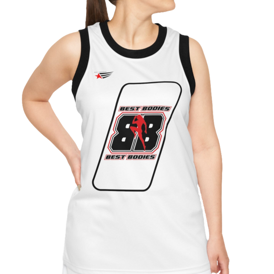 A woman with a fitness body is wearing a Gymstar white sports tank top branded with the Gymstar Fit logo and a motivating print.