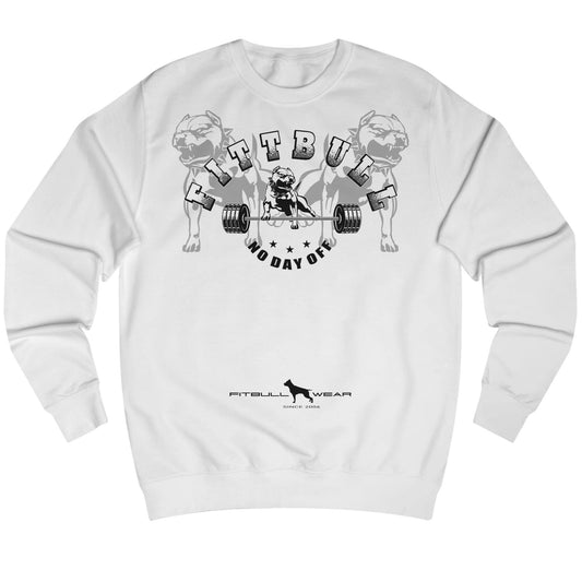 weißer Hoodie der Fitnessbekleidungsmarke Fitbull, gebrandet mit einem motivierenden Grafikmotiv
